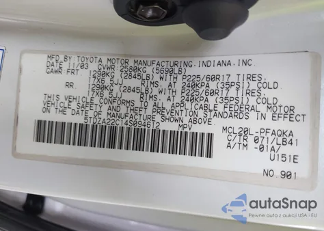 2004 Toyota Sienna Xle Limited z USA, uszkodzony, nr VIN 5TDZA22C14S094612